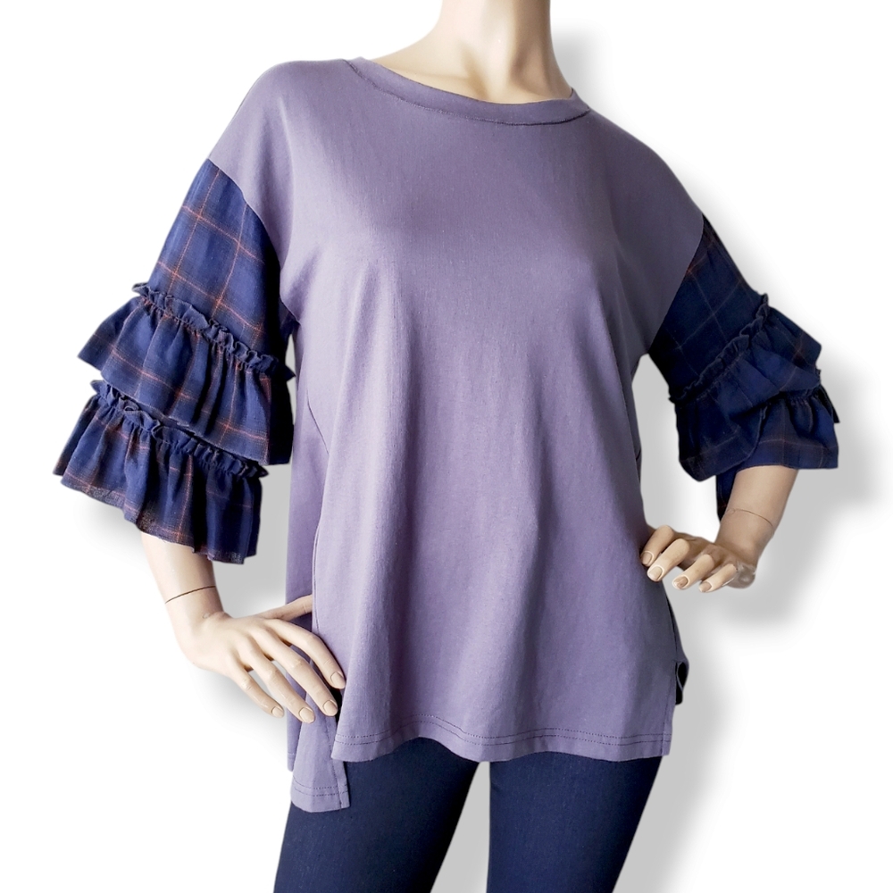 Kye Mi Blue on Blue Plaid Ruffled Sleeve Blouse